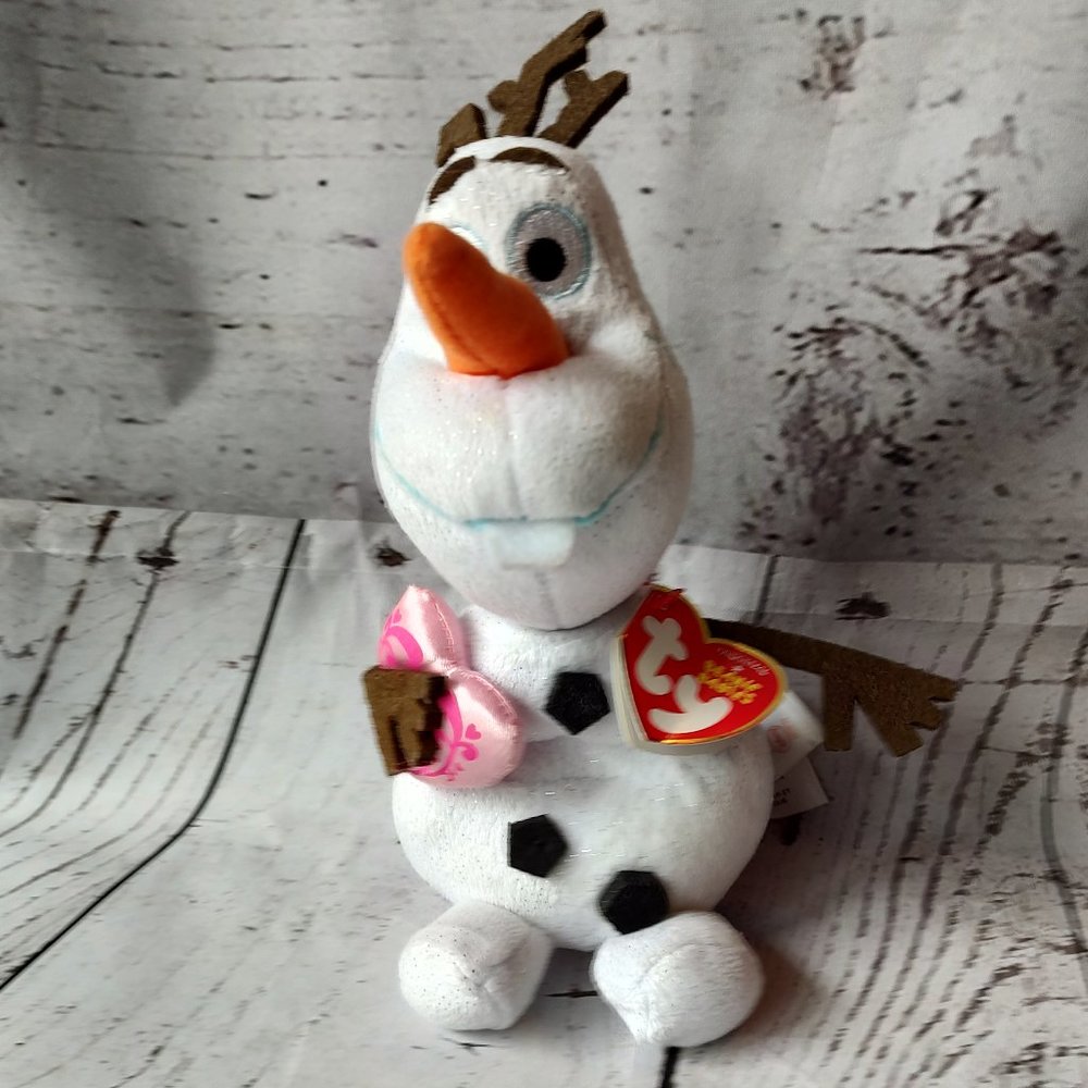 ty Beanie Babies Disney Frozen Olaf Snowman with Pink Heart Elsa Anna